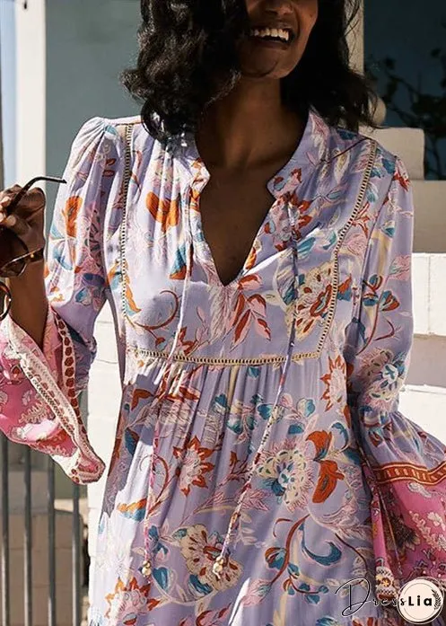 New Purple V Neck Lace Up Print Cotton Mid Dress Spring
