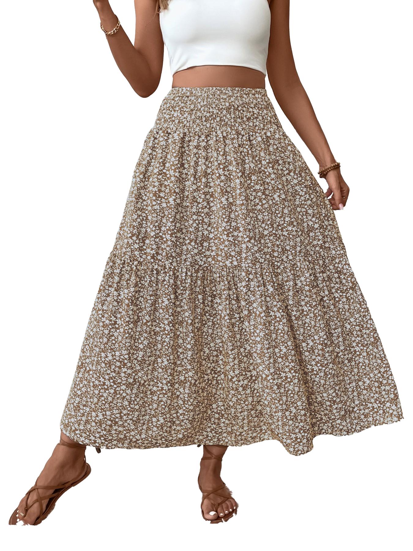 Women's Ditsy Floral Vintage Casual Vacation Layered A-Line Skirt, Elegant Long Skirt for Spring & Fall, All over Print Fitted Style