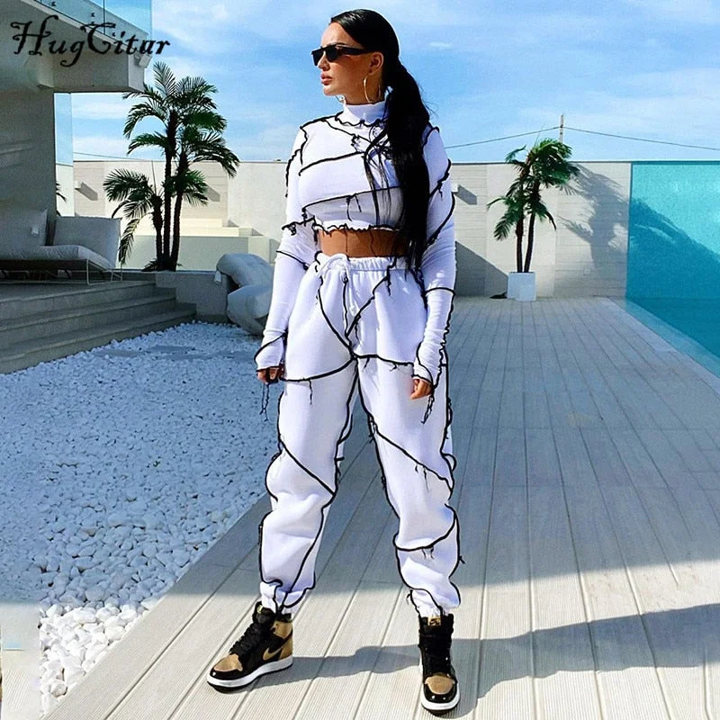 Hugcitar 2021 Long Sleeve Patchwork Turtleneck Tashirt Top Pants 2 Pieces Set Autumn Winter Women Casual Tracksuit