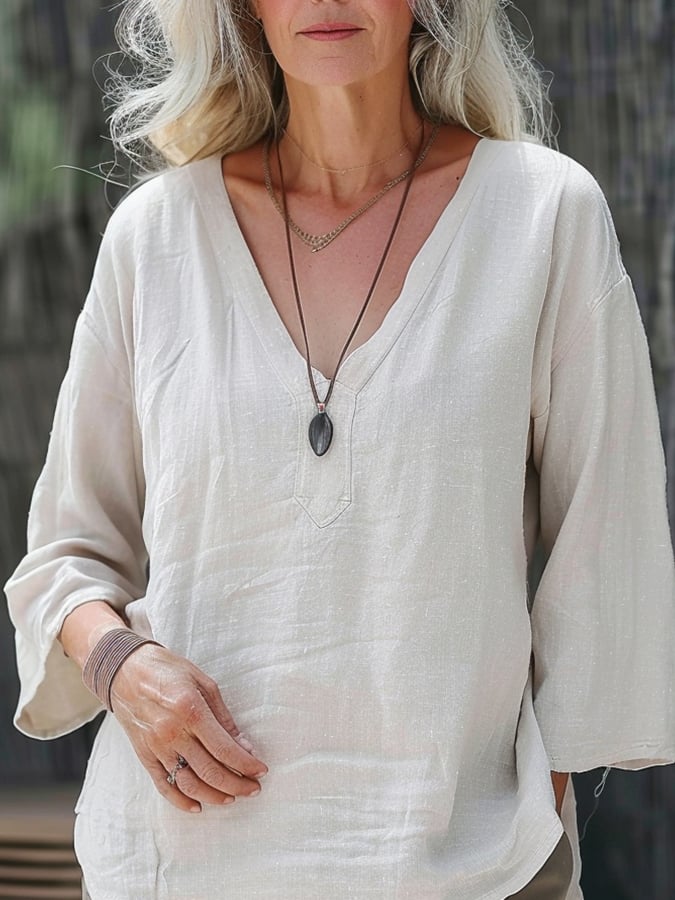 Women's Simple and Comfortable Solid Color Linen Long-Sleeved V-Neck Top