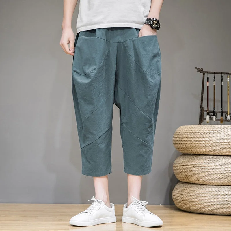 Aonga Baggy Cross Pants Men  New Cotton Linen Calf Length Pants Harem Pants Korean Style Hip Hop Streetwear Men Trousers