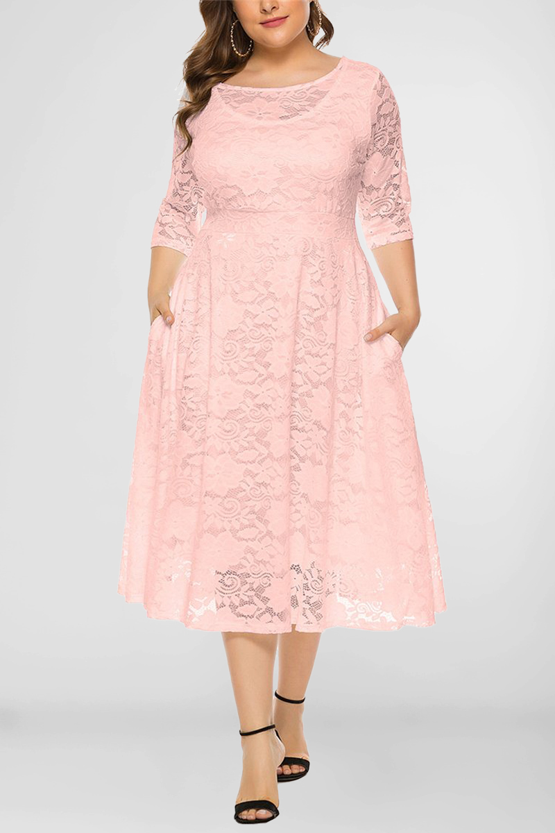 Plus Size Mother Of The Bride Red Lace Pocket Round Neck 3/4 Sleeve Tunic Tea-Length Dress 2024 - Flycurvy 