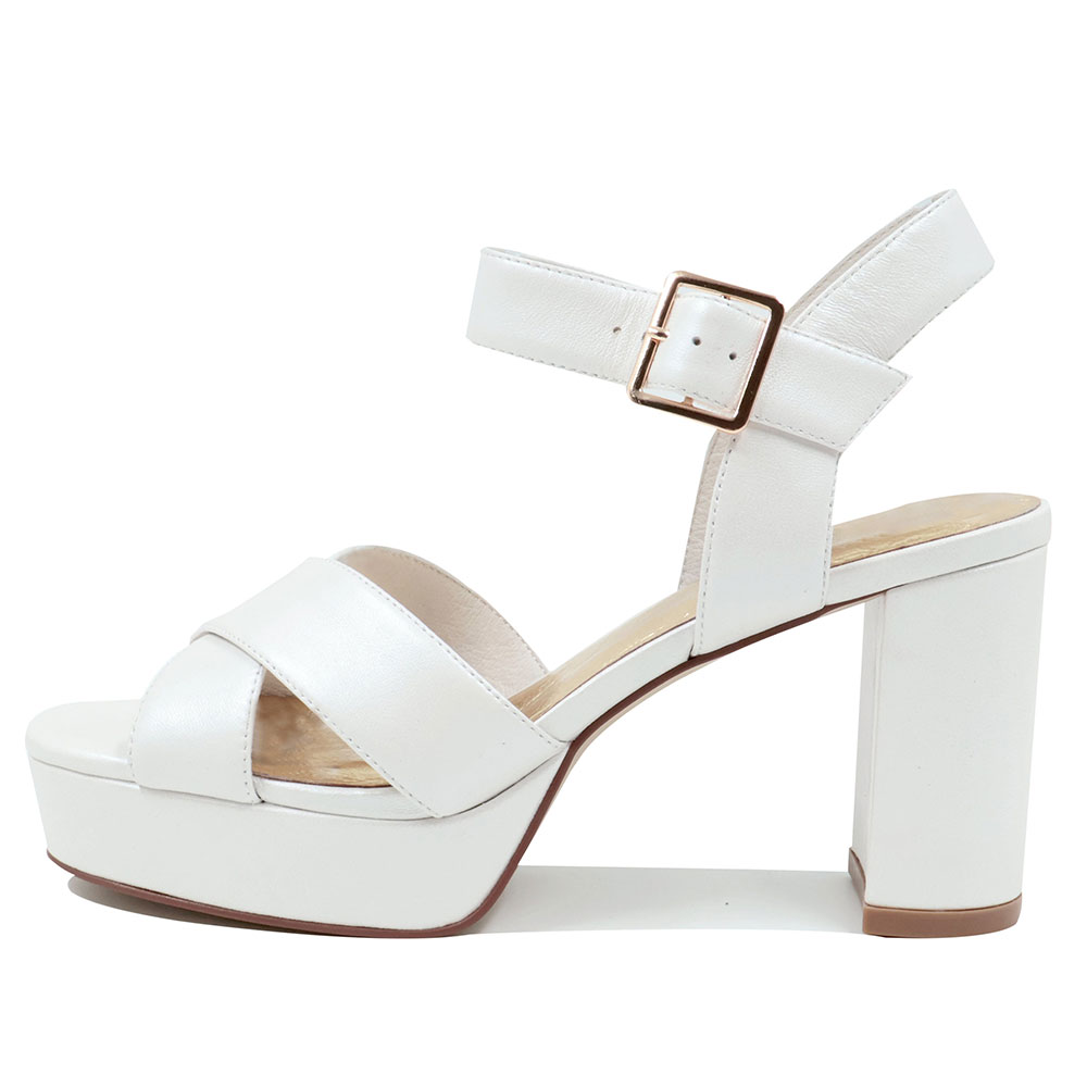 White Open Toe Cross Strap Platform Sandals with Chunky Heels