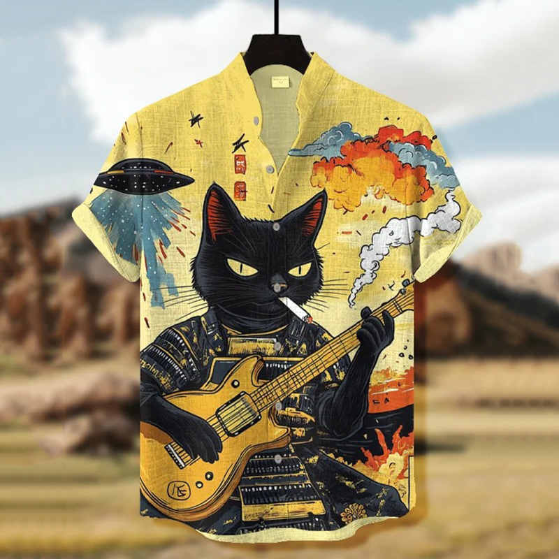Men's Black Cat Playing Guitar Print Short Sleeve Shirt  artssus