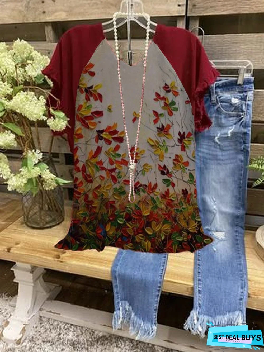 Plus Size Cotton-Blend Crew Neck Casual Floral T-shirt