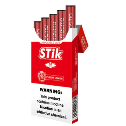 MOSMO Stik disposable vape 5 pack, Cherry Lemon flavor, 50mg nicotine, red packaging.