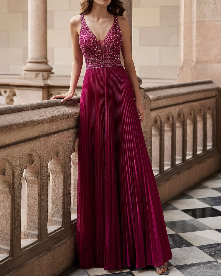 Sequined pleated maxi dress gown