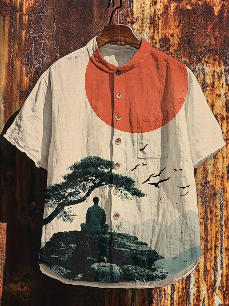 Men's Japanese Art Pine Monk Meditation Art Print Short Sleeve Shirt