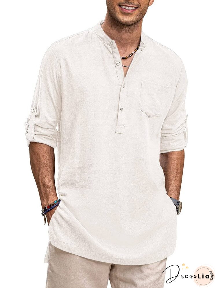 Linen Henley Long Sleeve Shirts with Pocket (US Only)