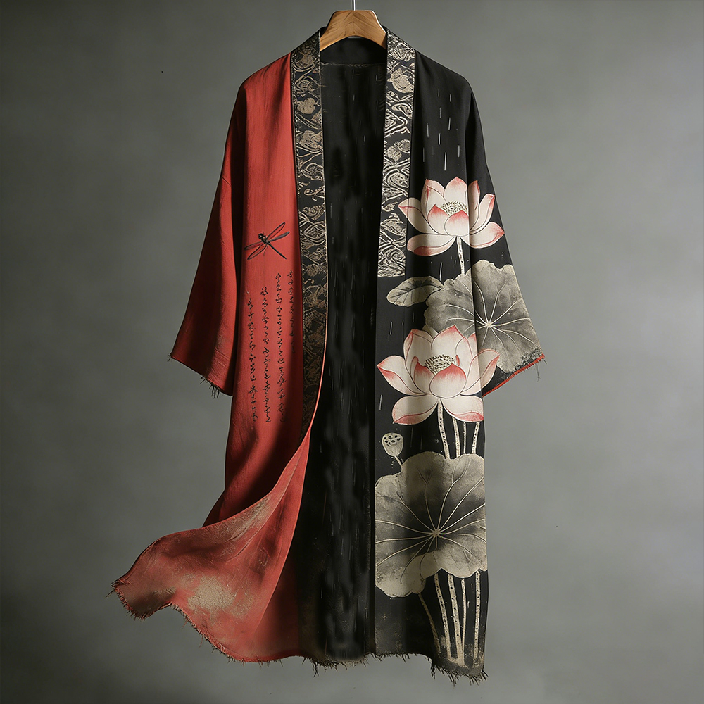 Japanese-style Lotus And Calligraphy Black And Red Spliced Cotton Linen Kimono elevenforest