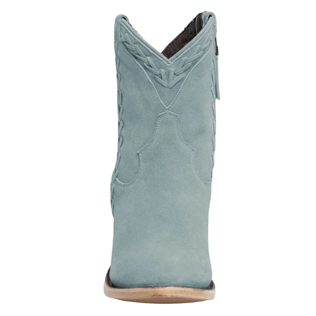 Light Blue Faux Suede Round Toe Side-Zip Block Heel Ankle Boots