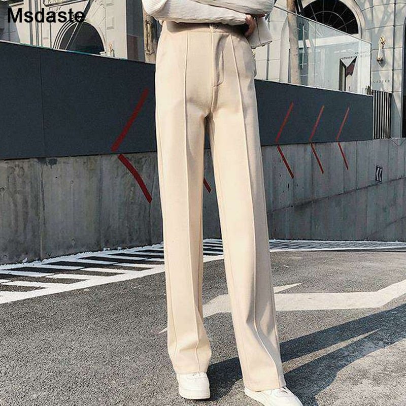 Woolen Pants Women Winter Warm Casual Lady Straight Pants High Waist Plus Size S~3XL Wide Leg Female Pantalon Woman Trousers