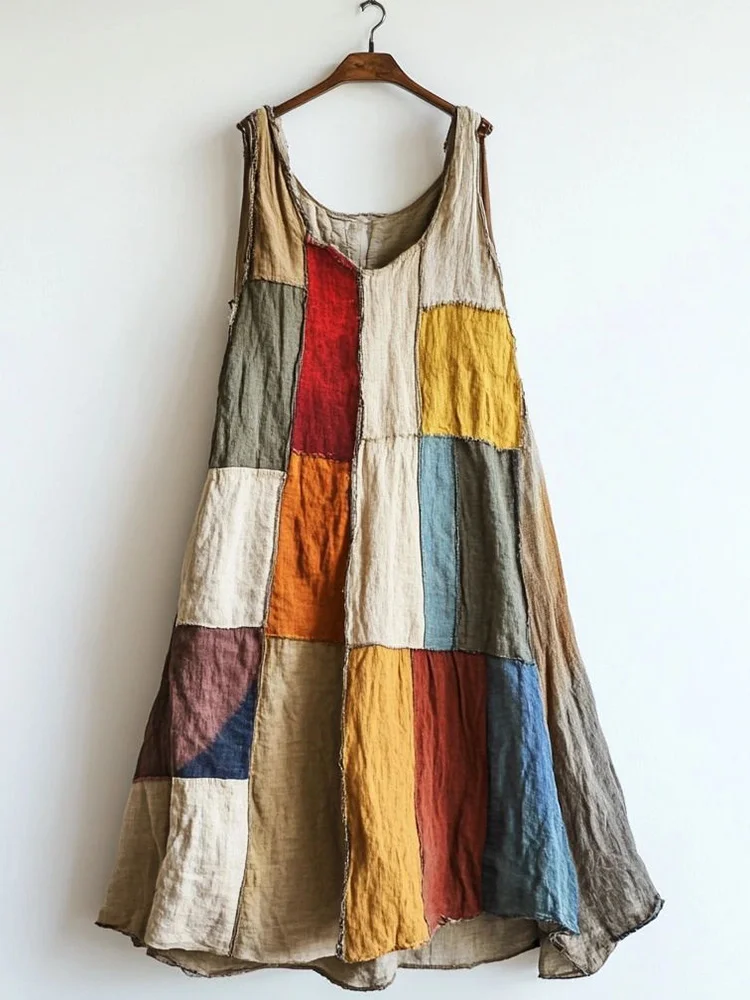 Patchwork Art Linen Blend Vintage Dress