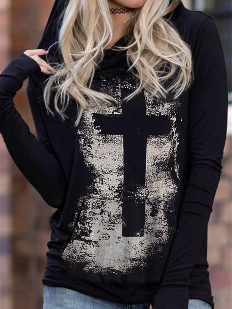 Cross-print hooded long-sleeved hooded sweatshirt