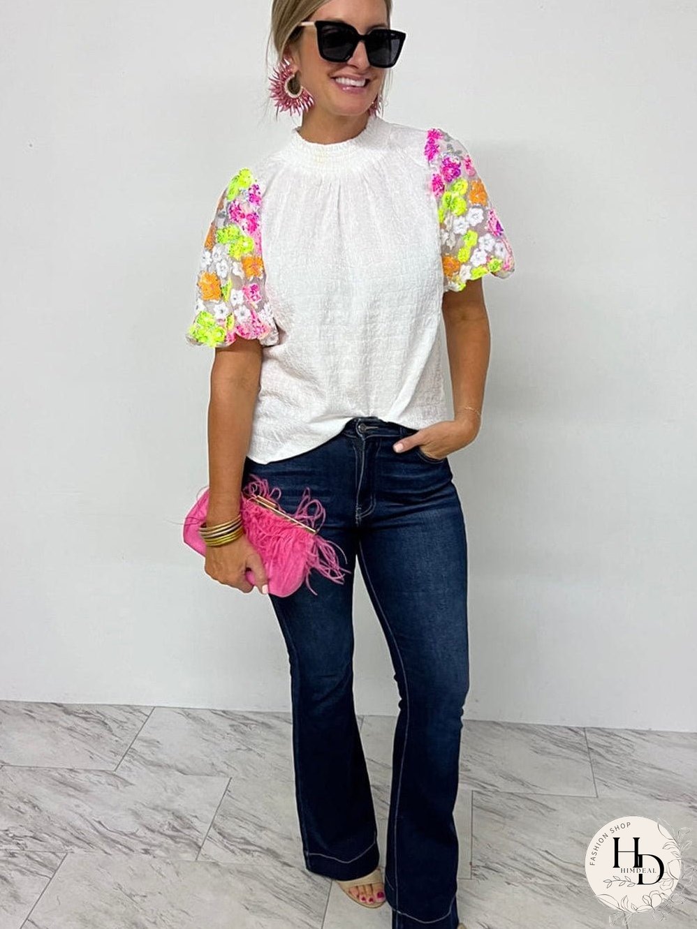 White Embroidered Puff Sleeve Top