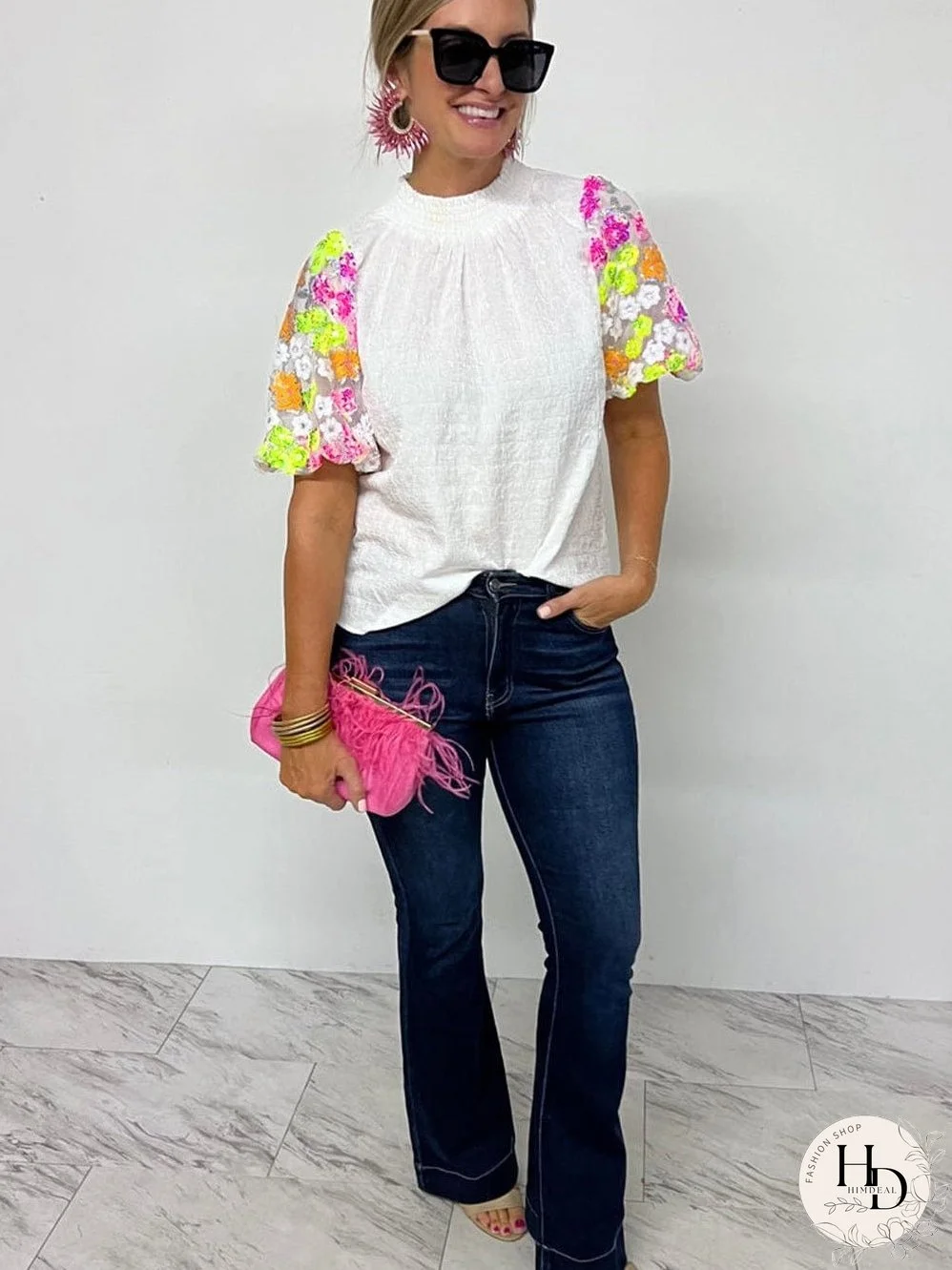 White Embroidered Puff Sleeve Top