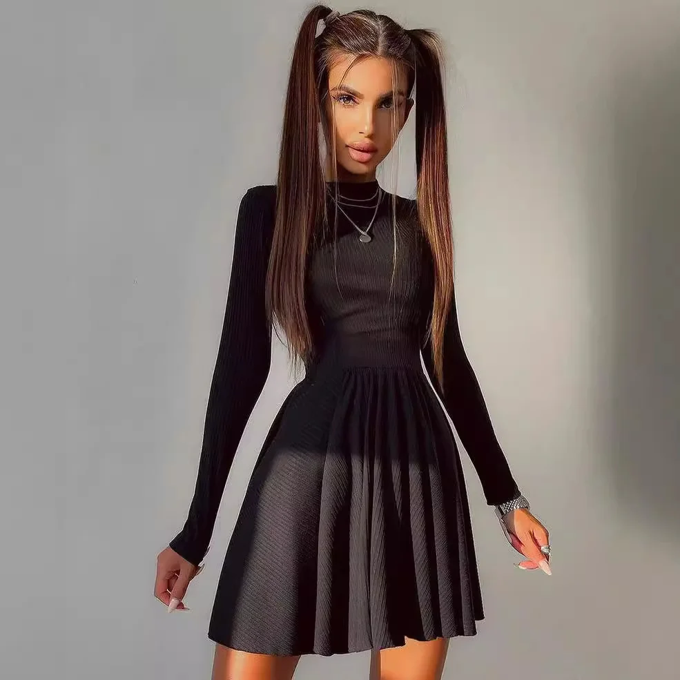 Uveng Uveng New Women's Hot Girl Wind Pure Color Round Collar Back Hollow A Word Skirt Long Sleeve Dress