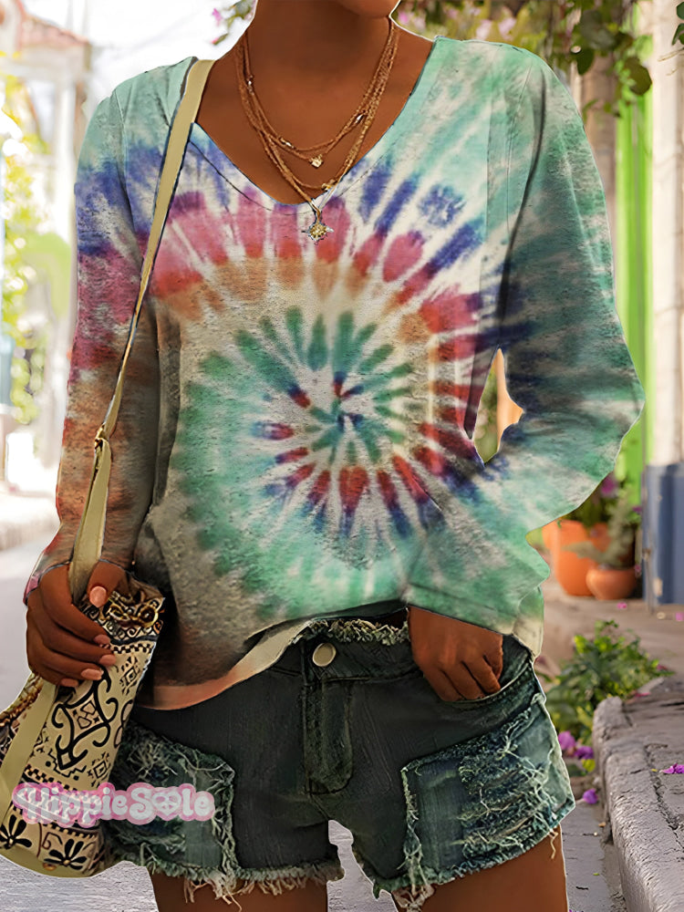 Women’s Retro Tie Dye Hippie Print Casual V-Neck Long Sleeve T-Shirt Multicolor / S