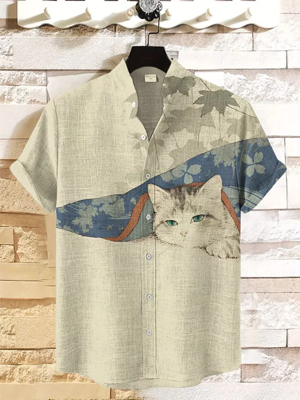 Men's Lazy White Cat Art Print Short Sleeve Shirt