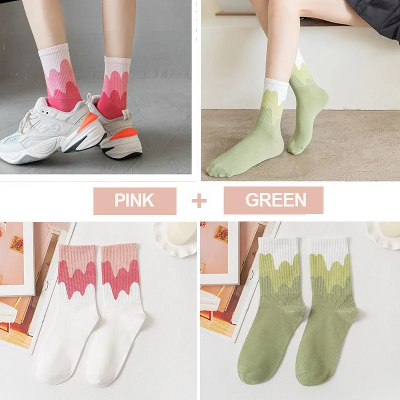 FINETOO 2Pairs/lot Women Midi Tube Socks Female Autumn Winter Candy Colors Korean Japanese Stitching Cotton Girls Graffiti Sock