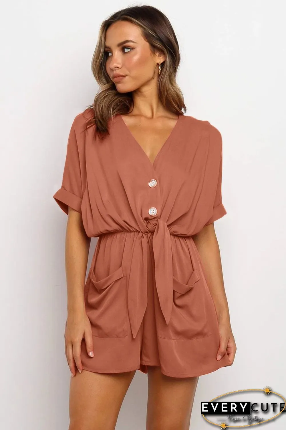 Rust V Neck Tunic Romper with Pockets