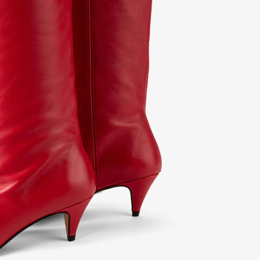 Red Faux Leather Square Toe Kitten Heel Long Boots for Women