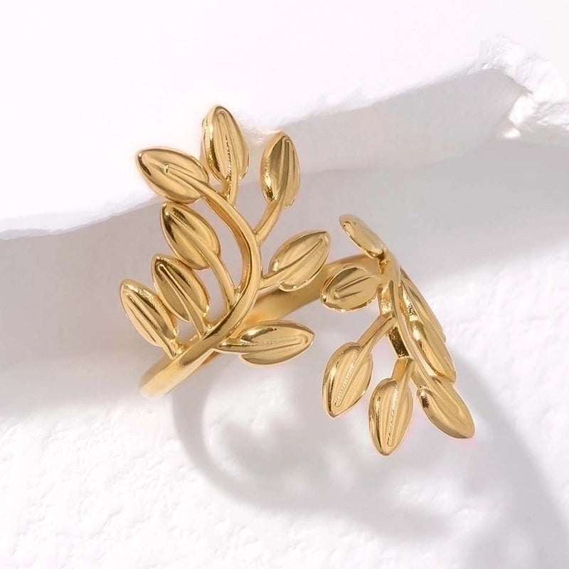 304 Stainless Steel 18K Gold Plated Elegant Retro Plating Geometric Leaf Heart Shape Open Rings