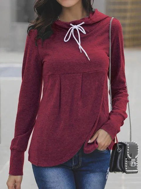 Solid Color Front Pleated Hoodie