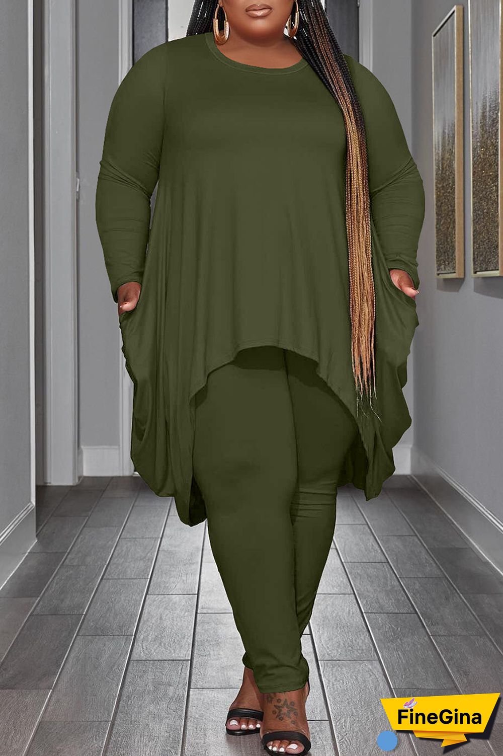 Black Casual Solid Asymmetrical O Neck Plus Size Two Pieces