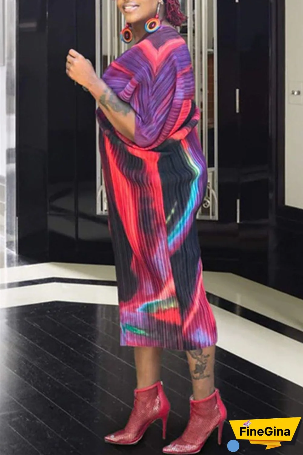 Pink Purple Casual Print Patchwork V Neck Pencil Skirt Plus Size Dresses