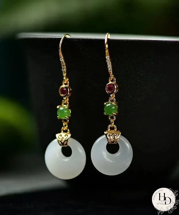 Unique White Sterling Silver Overgild Inlaid Jade Drop Earrings