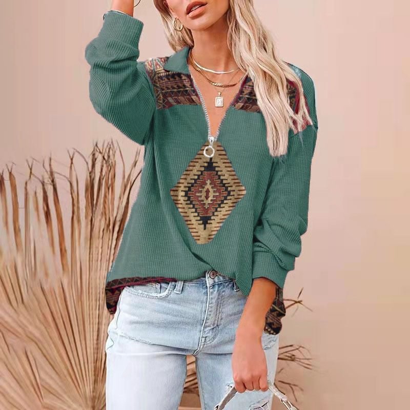 Print T Shirts For Women 2022 New Fashion Zipper V Neck Streetwear Casual Plus Size Tops Vintage Long Sleeve Tee Shirt Femme