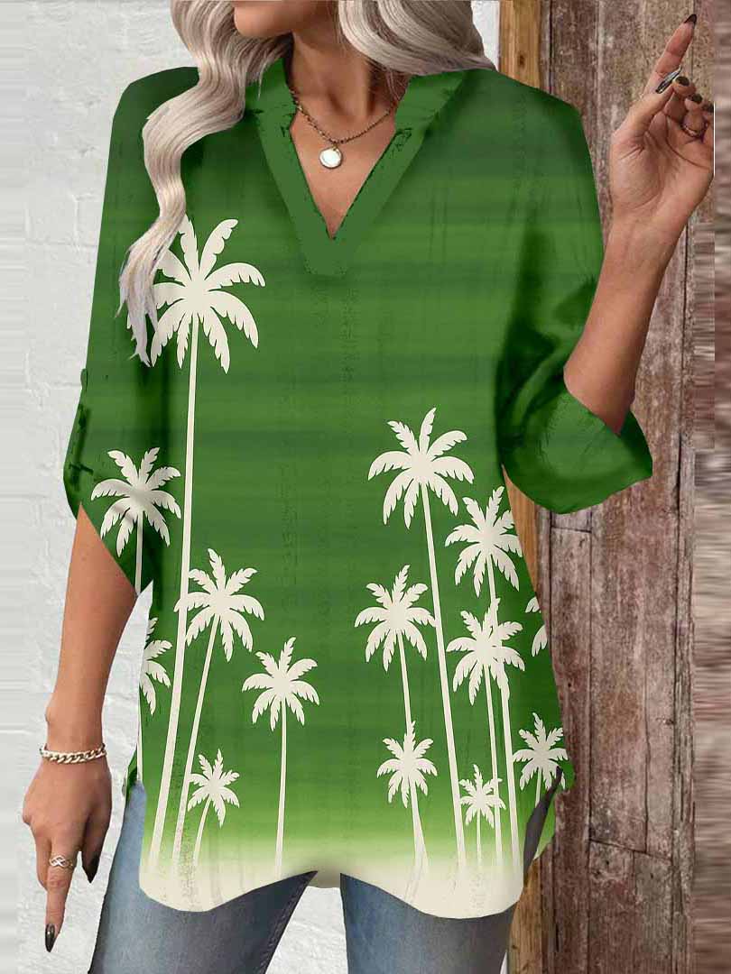 Women Tropical,Green DZGA0268 3/4 Sleeve V-neck Printed Graphic Button Tops