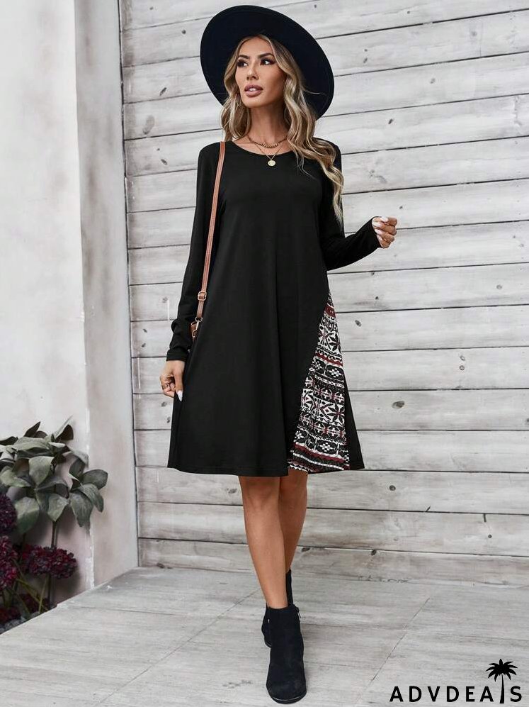 Fall Dress With Retro Pattern Patchwork, Women's Long-Sleeve Dress