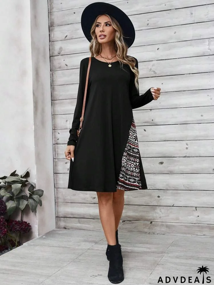 Fall Dress With Retro Pattern Patchwork, Women's Long-Sleeve Dress