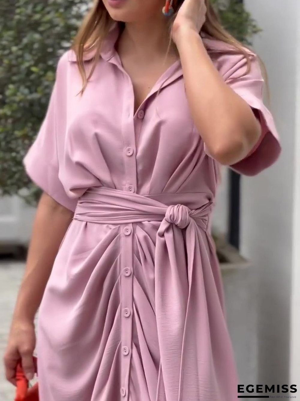 Lapel Mid Length Short Sleeve Single Breasted High Waist Shirt Dress | EGEMISS