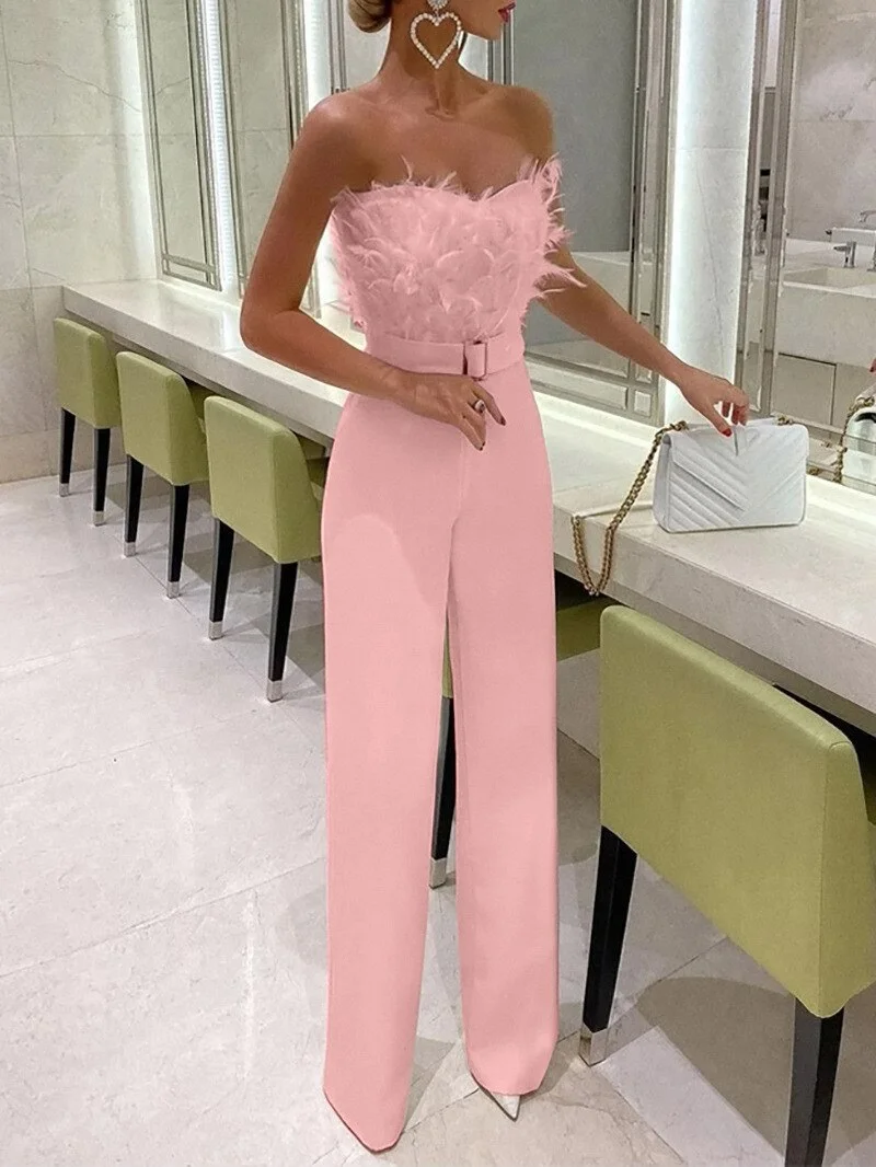 Feather Tube Top  Evening Party Jumpsuit Women Sleeveless High-waisted Straight Playsuits Night Clubwear Overalls Jump Suits