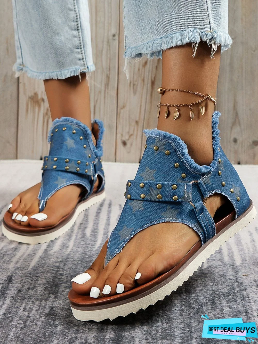 Star Denim Stud Design Casual Thong Sandals