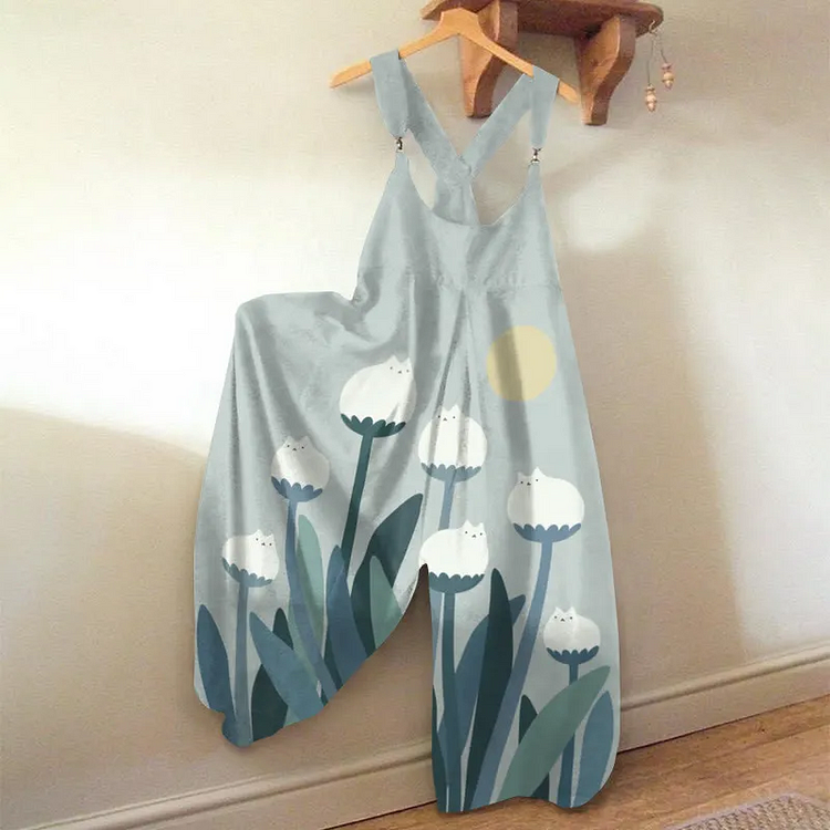 Abstract Creative Spring Cute Cat And Plant Painting Art Print Loose Casual Jumpsuit