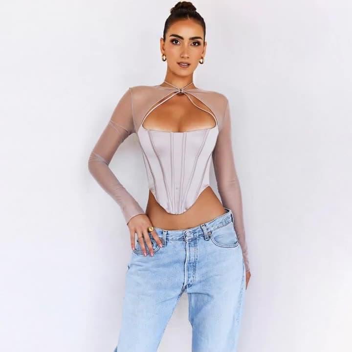Llyge Sexy mesh stitching satin hollow top llyge