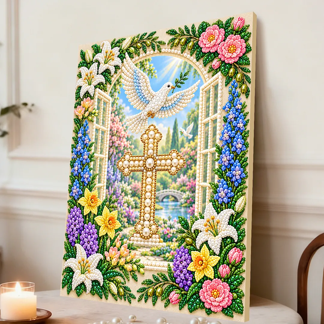 Pearl Painting Kit for Adults Cross Dove Floral with Frame 11.81x15.75in
