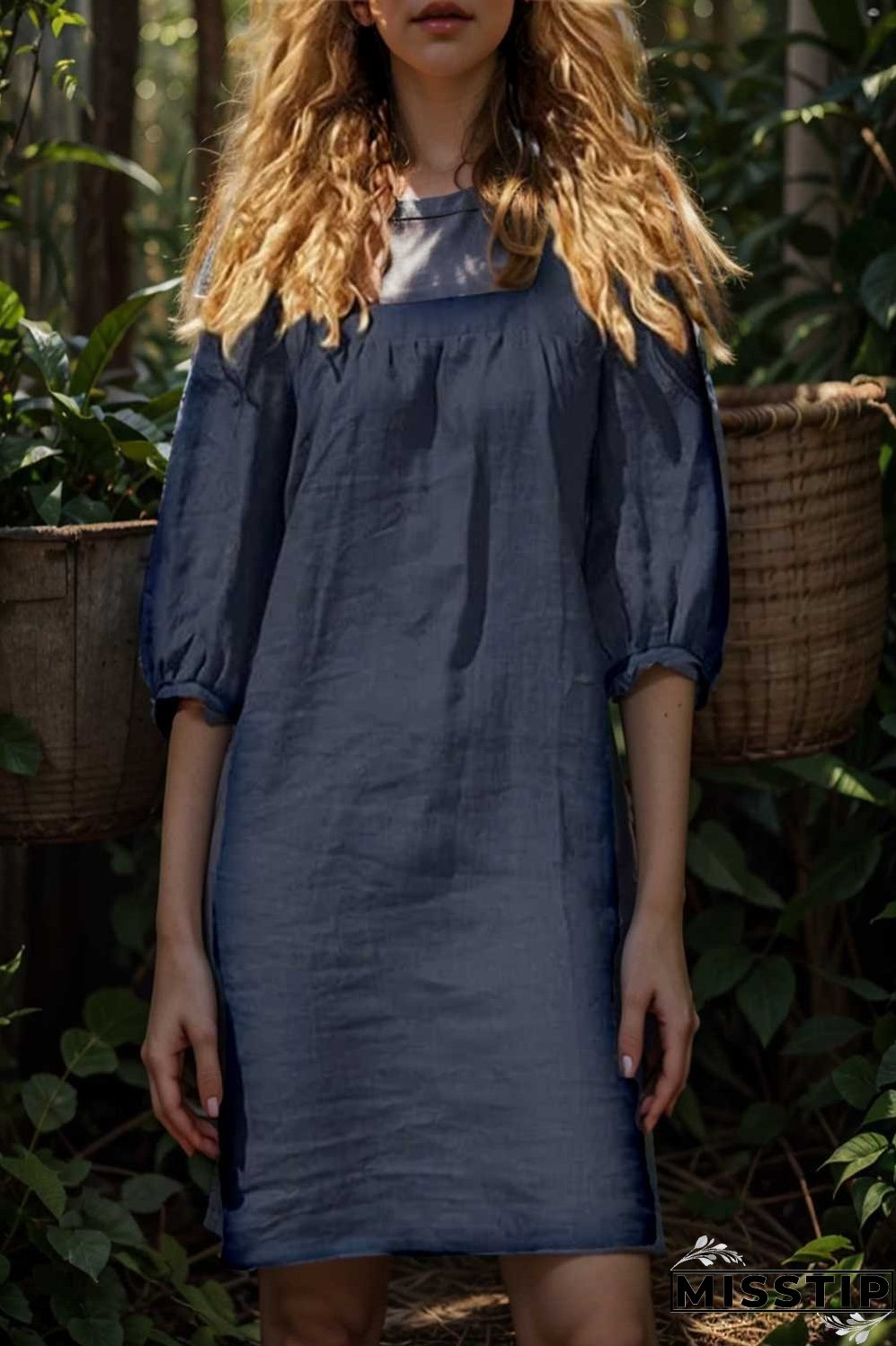 cotton linen loose casual half sleeve mini dress