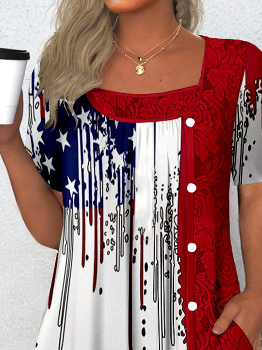 Women's Short Sleeve Scoop Neck Graphic Lace Star Printed Tops