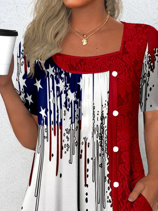 Women's Short Sleeve Scoop Neck Graphic Lace Star Printed Tops