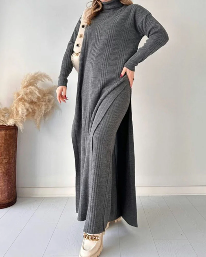 Chic extended length slit knitted two-piece set