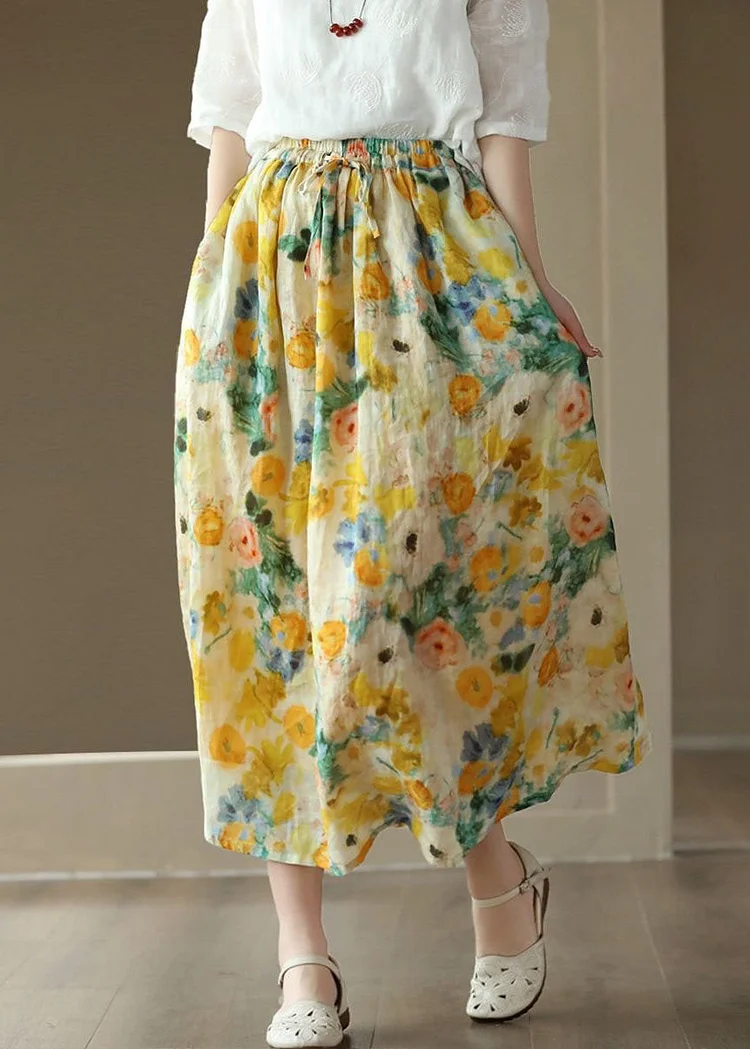 Style Yellow Pockets Elastic Waist Patchwork Linen Skirt Summer