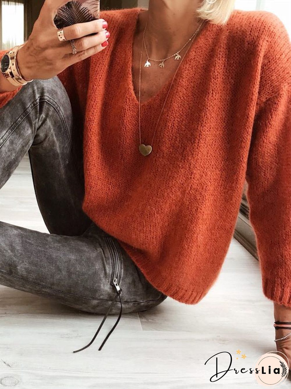 Woman Wool blend Casual V Neck Plain Sweater