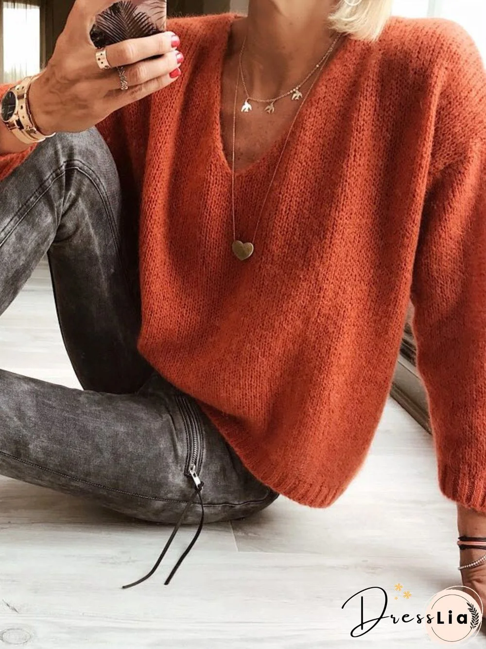 Woman Wool blend Casual V Neck Plain Sweater