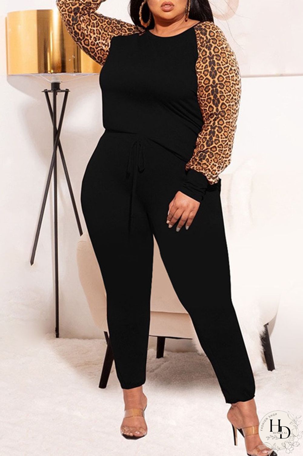 Black Casual Print Leopard Patchwork O Neck Plus Size Two Pieces