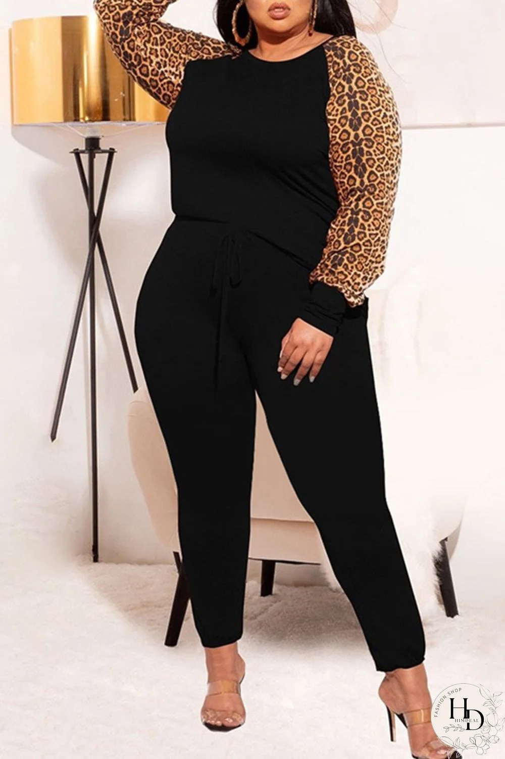 Black Casual Print Leopard Patchwork O Neck Plus Size Two Pieces